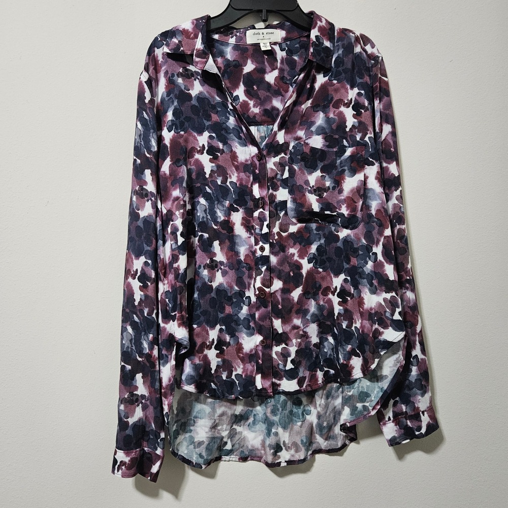 Cloth & Stone Anthropologie Abstract Floral Button‎ Down Shirt Plum Navy Small